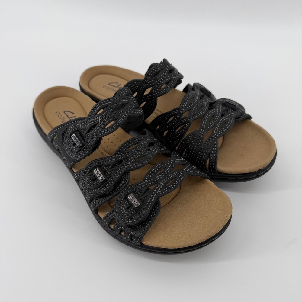 Clarks Slide Sandals Womens 6 Black Laurieann Ruby Leather Adjustable Straps